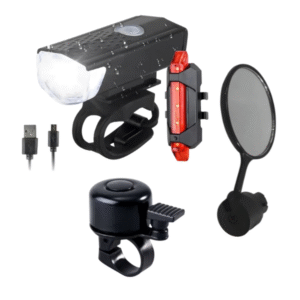 Kit Segurança Farol e Lanterna Recarregáveis | Retrovisor | Campainha Sino